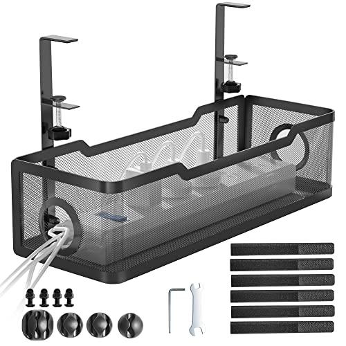 Under Desk Cable Management Tray Black, Cinati Wire Organizers No Drill, Cable Tray with Clamp for Wire Management, Cord Organization Box for Office, Home - No Damage to Desk