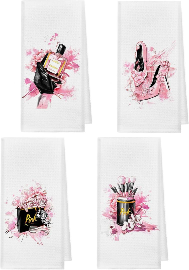 kunlisa Pink and Black Towels Bxathroom Sets Decor, Modern Makeup Brush Perfume Black and Pink Kitchen Dish Towels, Bathroom Hand Towels Set of 4 (Woman2)