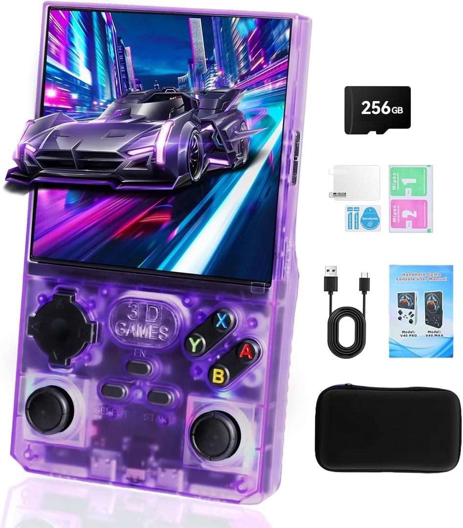 GWALSNTH V40 MAX Mini Retro Handheld Game Console, 40000 Games 256G TF Card, Built-in 49+ Emulators, 4.0 Inch 4K HD IPS Screen, 4000mAh Battery, Portable Pocket Video Console (Transparent Purple)