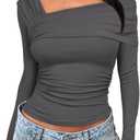 Darong Women's Off Shoulder Tops Y2K Shirt Slim Fit Ruched Crop Top Long Sleeves Spring Fall Blouse Going Out Shirt (Gray, L)