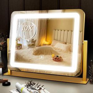 ROLOVE Gold Vanity Mirror with Lights 15" x 12", Lighted Makeup Mirror with 10X Magnification, 3 Color Lighting & Dimmable Brightness, Make Up Mirror with Lighting for Bedroom Tabletop