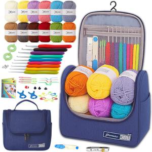 Yarniss Crochet Kits for Beginners,All in One Crochet Kits with 840 Yards Crochet Yarn,Ergonomic Crochet Hooks Set with Yarn for Adults,Navy (10 Size, Blue)
