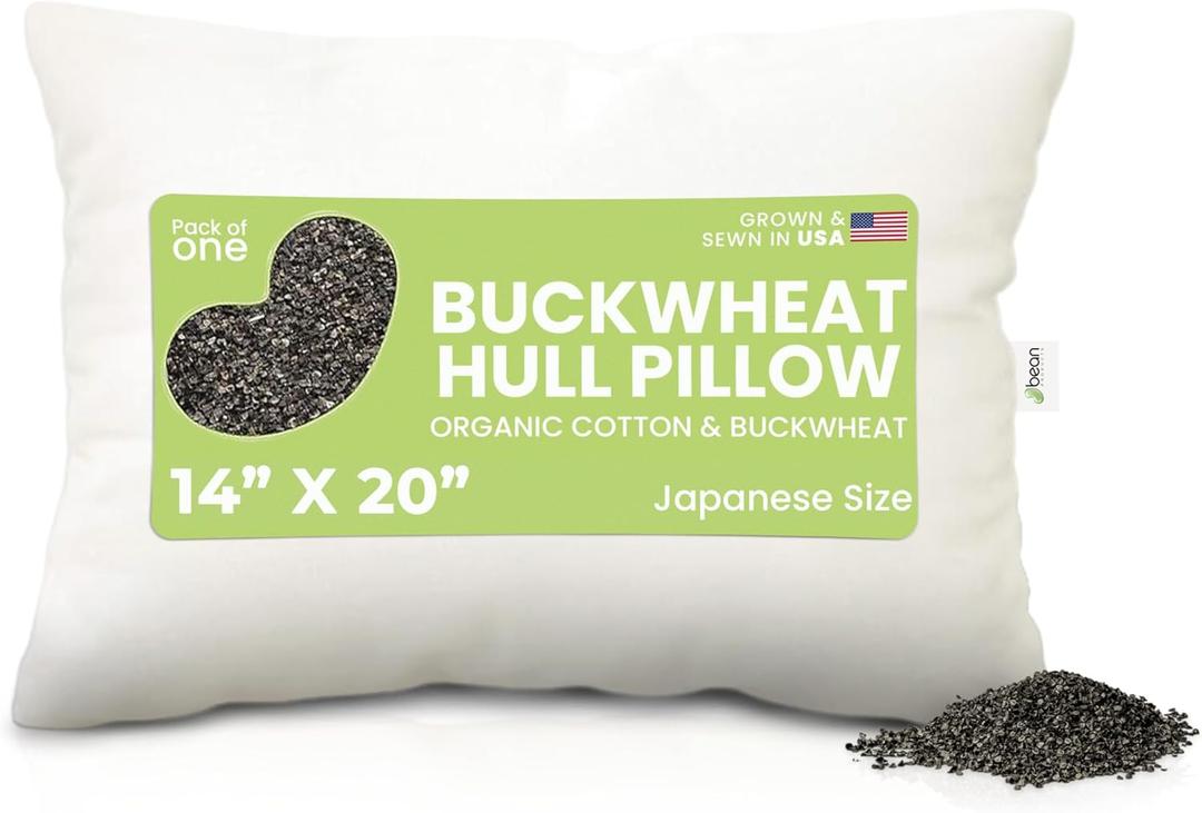 Bean Products Japanese Bed Pillow for Sleeping  Organic Buckwheat Fill with Organic Cotton Fabric, Soft Head Pillow  Eco-Friendly, Breathable, and Durable Sleep Aid, Made in The USA, 14" x 20" (Natural)