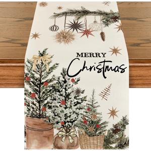 Artoid Mode Xmas Trees Holly Pine Cone Merry Christmas Table Runner, Seasonal Winter Kitchen Dining Table Decoration for Home Party Decor 13x120 Inch (Beige)