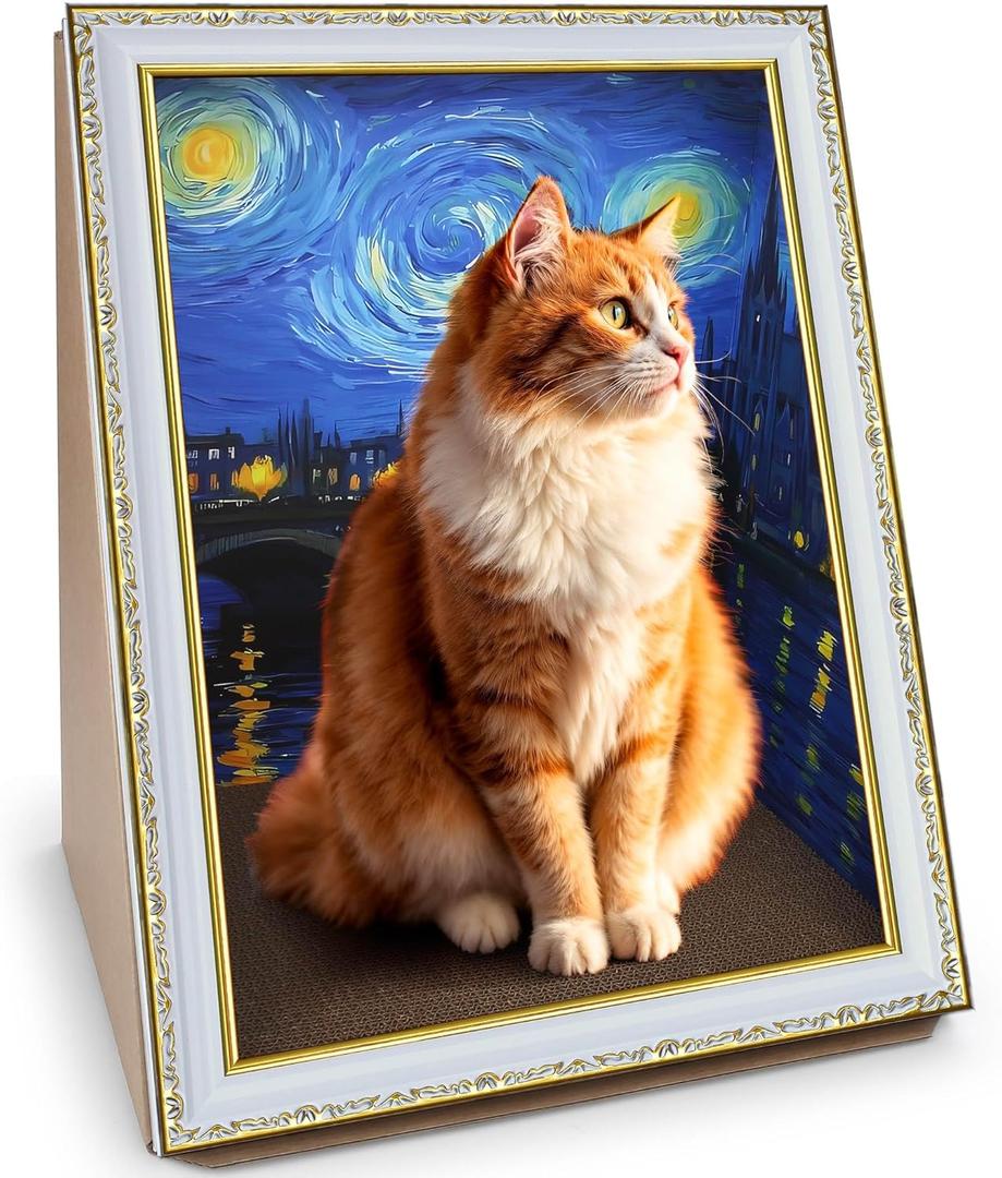 Cardboard Cat Scratcher, [Van Gogh Inspiration] Oil Painting Cat Scratching Board with Frame, Recycled Cat Scratch Pad for Indoor Cats, Cat Bed with Vintage Art Picture, Starry Night