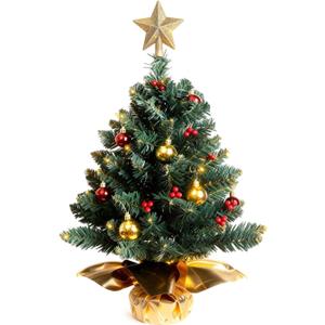 Liecho 24 Inch Tabletop Mini Christmas Tree, Miniature Pine Christmas Tree with Hanging Ornaments, Battery Operated Artificial Xmas Tree, Best DIY Christmas Decorations-Gold