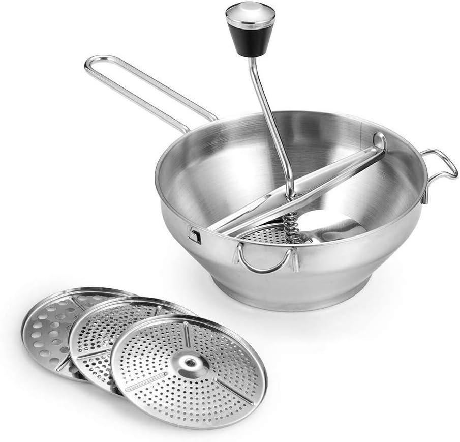 Rotary Food Mill Potato Ricer with 3 Interchangeable Disks, Great for Making Puree or Soups of Vegetables, Baby Foods, Stainless Steel 2 Quart Kitchen Mills, Easy Clean and Assemble, Manual Operati