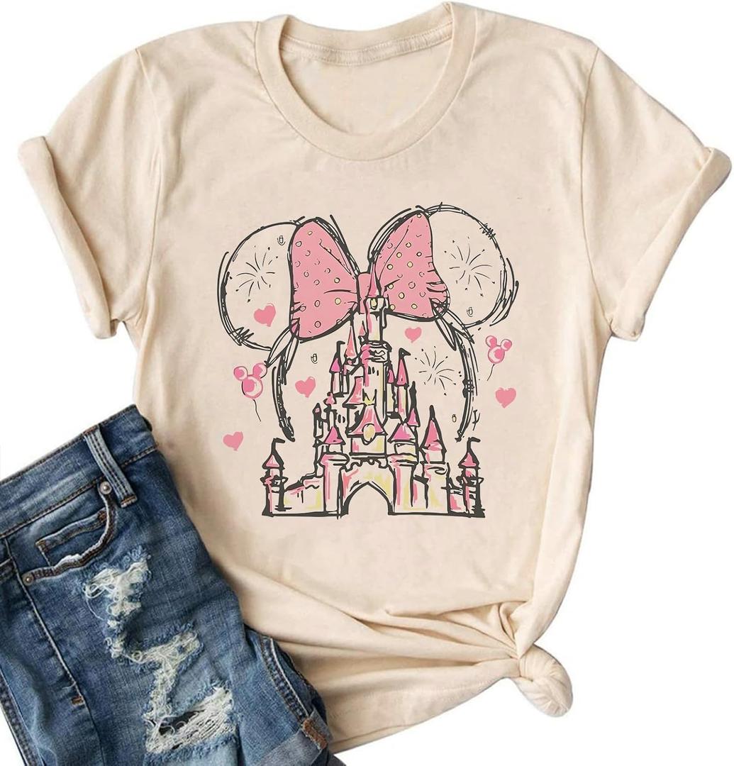 Magical Shirt for Women Castle Graphic Tee Magic Kingdom T Shirt Cute Holiday Vacation Shirt Short Sleeve Casual Tops (Medium, Beige)