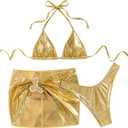 SOLY HUX Women's 3 Piece Swimsuit Metallic Halter Triangle Bikini Set Bathing Suit with Cover Up Beach Skirt (Medium, Pure Gold)