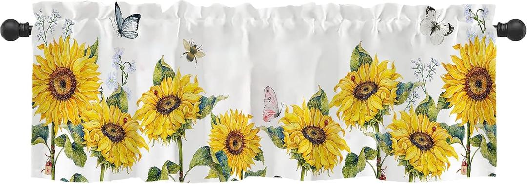 Vibrant Sunflower Window Valance for Bedroom Living Room, Yellow Sun Flower Curtains Valanes for Windows, 3" Rod Pocket Window Treatment for Animal Summer Home Decorations, 54 x 18 Inch, 1 Panel