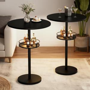 YATINEY Bar Table with LED Light, Round Bar Table Set of 2, High-top Table with Metal Frame, Pub Cocktail Table, Large Base for Living Room, Kitchen, Bar, Black BT15L2UDBB, 21.7 inches x 21.7 inches x 35.8 inches