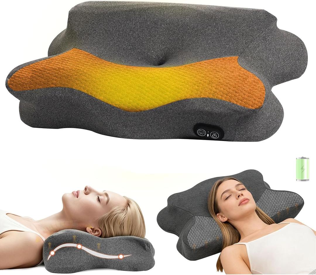 Rechargeable Heated Neck Massager Pillow - Cordless Cervical Neck Pillow with Heat, Deep Tissue Massage and Traction Stretching Functions, Neck Muscle Pain and Stiffness，for Side/Back Sleepers
