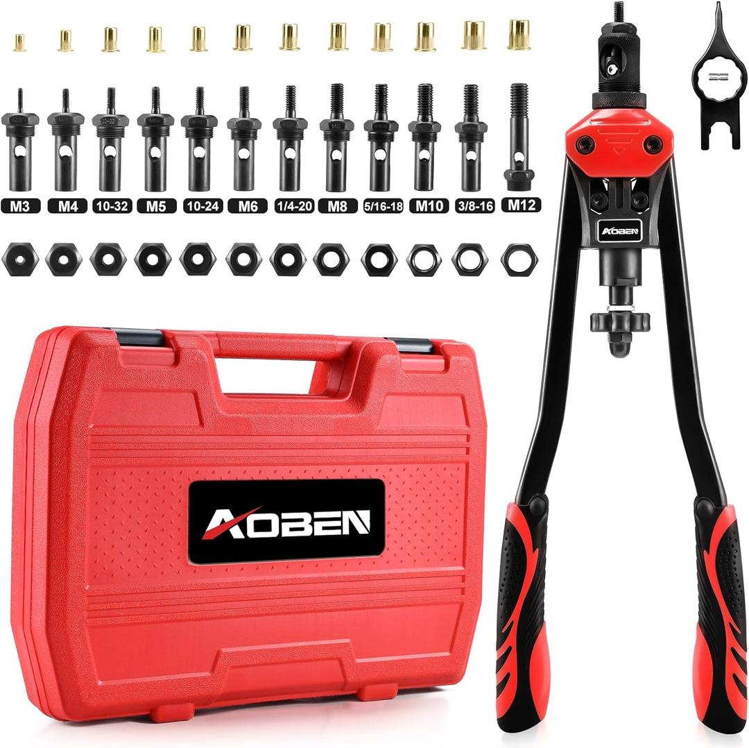 AOBEN 16" Rivet Nut Tool, Professional Hand Rivet Nut Setter Kit with 12 Interchangeable Metric & SAE Mandrels, 145Pcs Rivnuts and Rugged Carrying Case