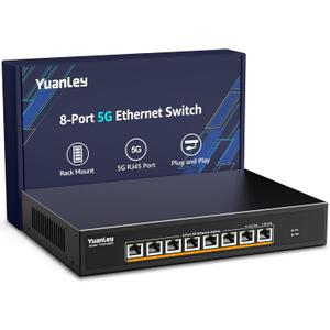 YuanLey 8-Port 5G Ethernet Switch, 8 x 5Gbps RJ45 Ports, Support 5G/2.5G/1G/100Mbps Speed Auto-Negotiation, 80Gbps Switching Capacity, Unmanaged Switch Rackmountable, Plug and Play
