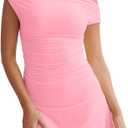 LAGSHIAN Women's Summer Off Shoulder Trendy Ruched Stretch Bodycon Cocktail Party Flare Mini Dress (Large, Pink)