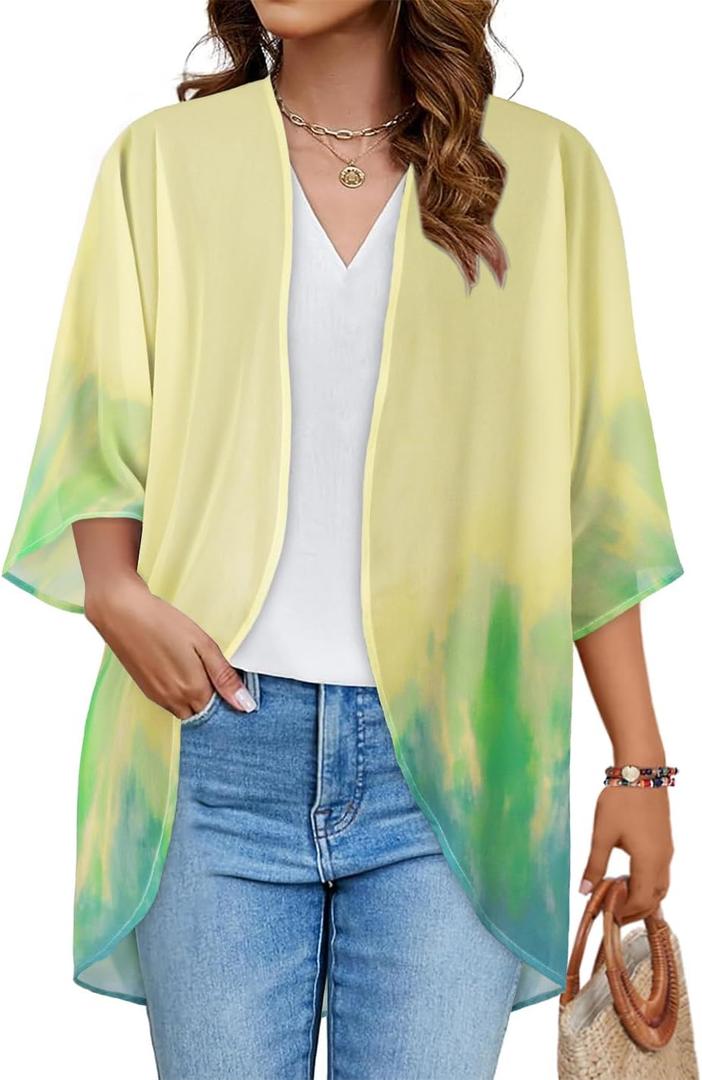 Women's Floral Print Puff Sleeve Kimono Cardigan Loose Cover Up Casual Blouse Tops (X-Large, Yellow Green Tie-dye)