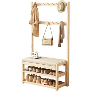 Solid Wood Hall Tree with Bench and Shoe Storage, Freestanding Hall Tree with Shoe Storage Mud Room Bench, Upholstered Sponge-Padded Seat, for Hallway, Bedroom, Living Room (Size : 64 * 173cm)