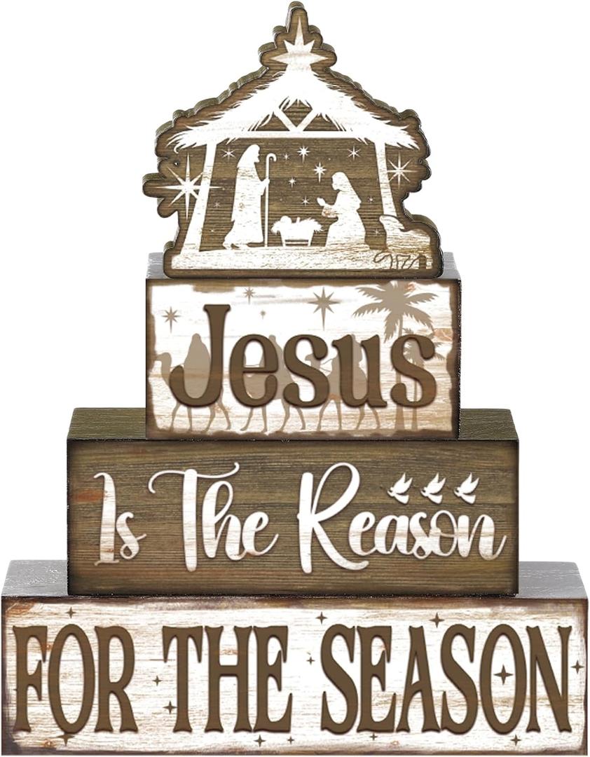 Moucuny 4 Pcs Christian Religious Table Decor Jesus Is The Reason for The Season Wooden Decorative Signage Christmas Tiered Tray Decor Xmas Centerpieces Farmhouse Wooden Block Set for Home