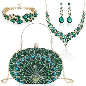 Quelay 4 Pcs Purse Rhinestone Jewelry Set for Wedding Bridal Women Handbag with Necklace Bracelet Dangle Earrings (Green)