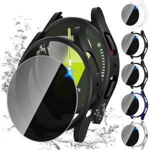 Tensea [5+5Pack for Samsung Galaxy Watch 7 Screen Protector Case 44mm Accessories, Hard PC Bumper/HD Anti-Fog Tempered Glass Protective Film, Face Cover Set, Galaxy Watch 7 Case for Women Men (Clear/Black/Black/Silver/Blue(black screen))