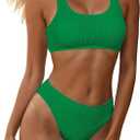 YIMISAN Women's Ribbed Two Piece Bikini Sets Wide Shoulder Strap Top Swimsuit with Mid Waist Cheeky Bathing Suit (Large,  Jade Green)