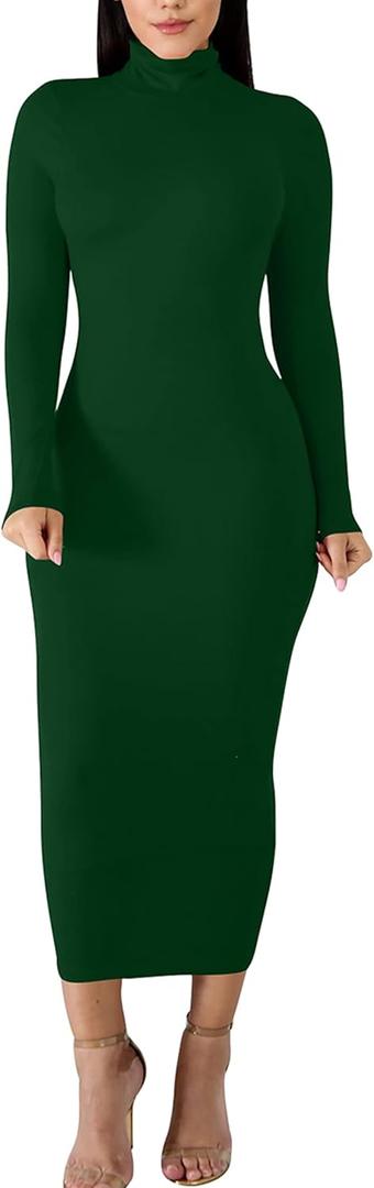 BORIFLORS Women's Sexy Basic Long Sleeve Turtleneck Bodycon Party Long Pencil Dress (Medium, Dark Green)