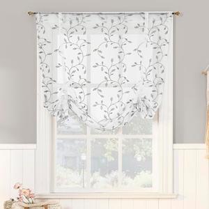 No. 918 Francine Embroidered Foliage Semi-Sheer Rod Pocket Window Tie-up Balloon Shade, White/Gray, 42" W x 63" L