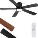 48 Inch Ceiling Fans with Lights and Remote,Outdoor Indoor Modern Flush Mount Ceiling Fan with 3CCT 6-Speed Quiet DC Motor,Black Small Low Profile Ceiling Fan for Bedroom Living Room Office(Black)