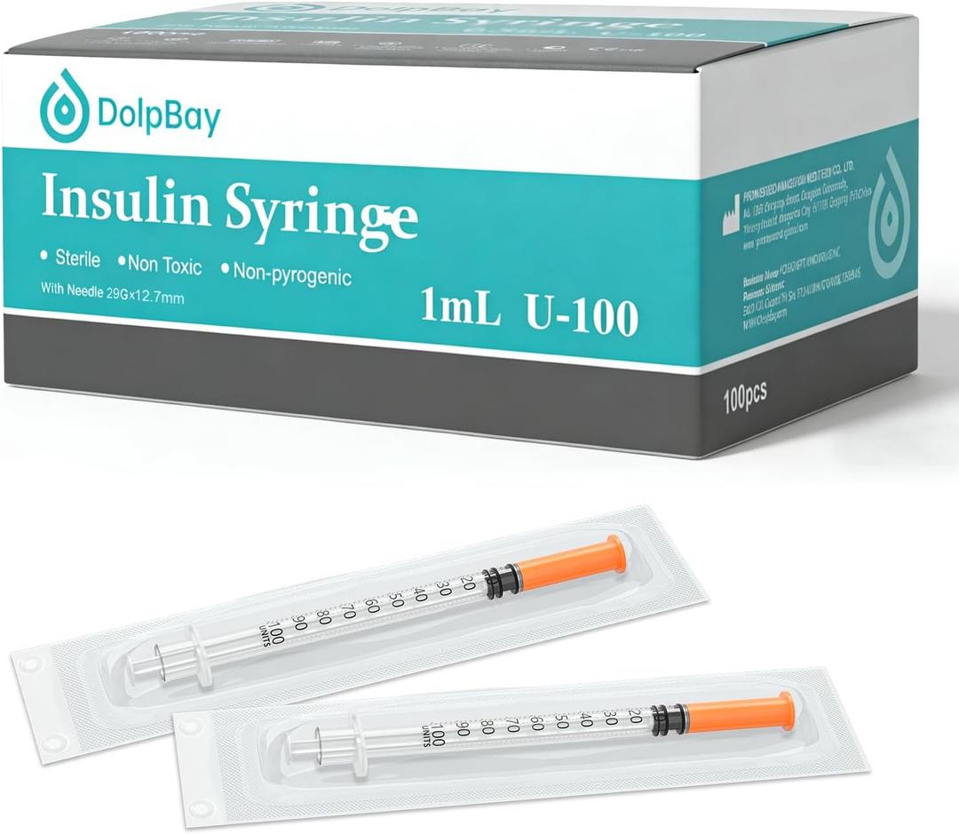Insulin Syringe, 29G 1cc 1/2-Inch (12.7mm) , Individually Packed, Smooth & Comfortable, Pack of 100