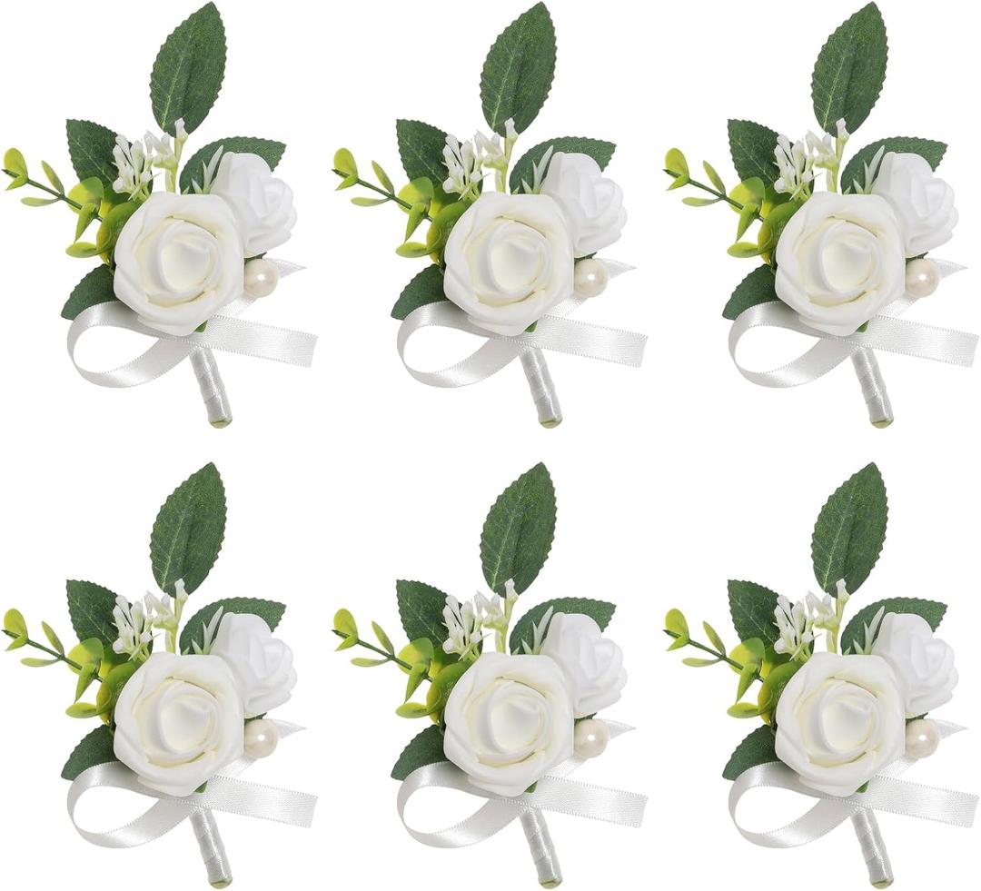 Gvhntk 6 pcs White Boutonniere for Men Wedding Groom Groomsmen Best Man Artificial Flowers Boutonniere for Wedding Ceremony Anniversary Prom Flowers Formal Dinner Party