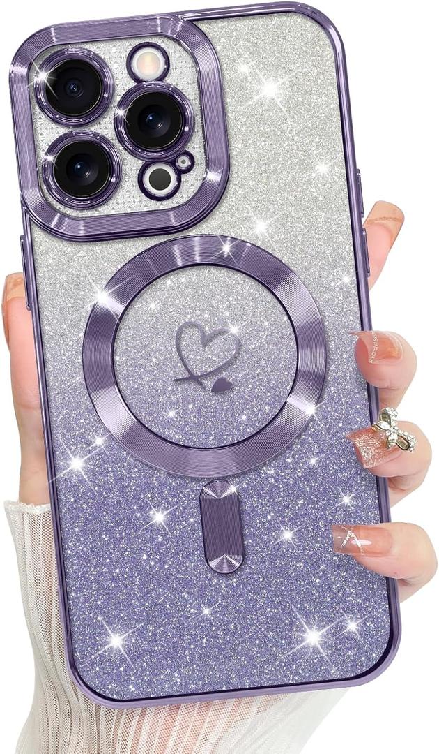 Bonoma Compatible with iPhone 13 Pro Case Support for MagSafe, Plating Heart Glitter Magnetic 2* Screen Protector TPU Camera Protection Back Cover for Girls Women - Purple