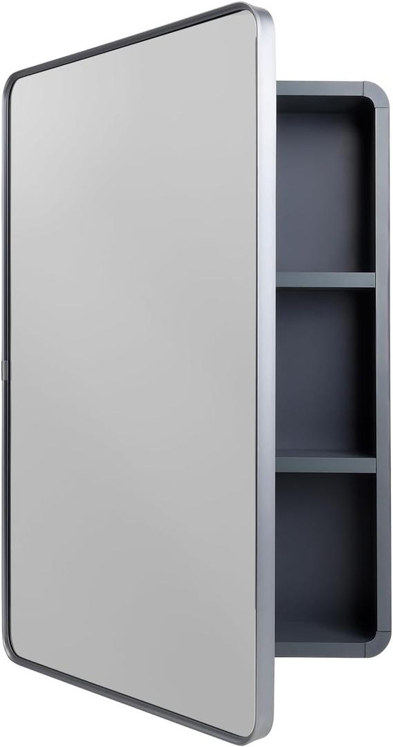 16x24 Inch Bathroom Medicine Cabinet with Mirror, Small Farmhouse Surface Cabinet with Soft-Close Hinges, Rounded Corner Aluminum Metal Vanity Frame & Glass, with 2 Toothbrush Holders (Grey)
