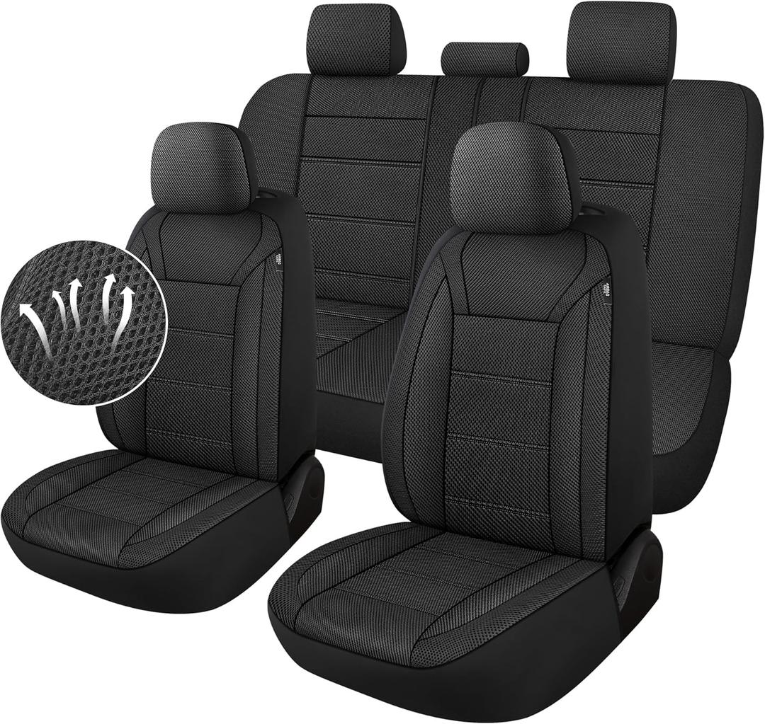 kvs 3D Air Mesh Car Seat Covers Full Set, Breathable Split Bench Compatible Seat Covers for Cars, Universal Car Interior Covers for Most Sedan Truck SUV Vans(Black)