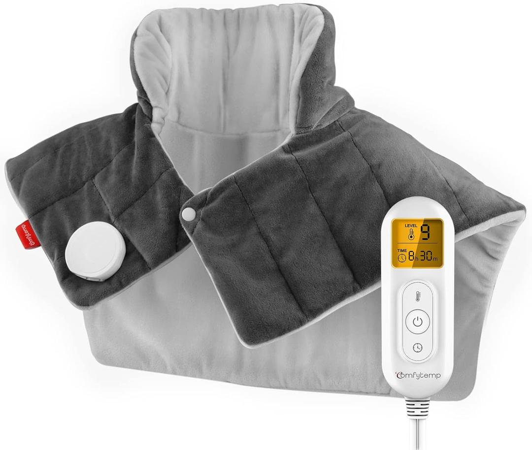Heating Pad for Neck and Shoulders and Back, Comfytemp FSA HSA Eligible Weighted Electric Heat Pad for Pain Relief, 2.6lb Large Heated Wrap, 9 Heat Settings, 11 Auto-Off, Women Men Birthday Gifts Gray (Grey)