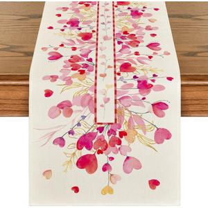 Artoid Mode Red Pink Heart Branch Valentine's Table Runner, Seasonal Leaf Kitchen Dining Table Decoration for Home Party Decor 13x120 Inch