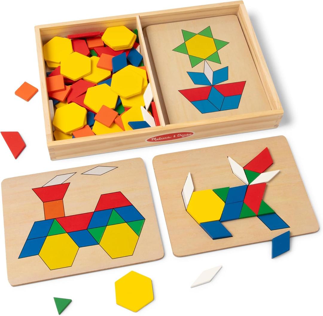 Melissa & Doug Pattern Blocks and Boards with 120 Multi-Colored Wooden Shape Tiles, 5 Double-Sided Puzzle Boards, Tangram Puzzles, Montessori Toys for Girls & Boys, 13.0 X 8.75 X 1.5