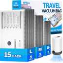 Rechargeable Pump Vacuum Bags for Travel Packing,15 Packs Large Size Vacuum Seal Bags for Luggage and Suitcase Compression, Space Saver for Bedding and Clothing Organization