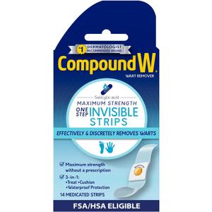Compound W Maximum Strength One Step Invisible Wart Remover Strips, 14 Count