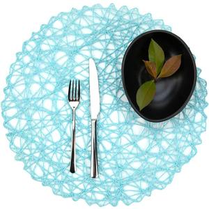 Restaurantware Spinweave 15 Inch Dining Table Placemats Set Of 6 Round Kitchen Table Mats - Semi-Disposable Handwoven Sky Blue Paper Circle Placemats Durable Table Mats For Holidays Or Weddings (Large)