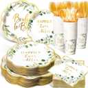 Pickmesh 400 Pcs Sage Green Bridal Shower Party Supplies Eucalyptus Leaves Bride to Be Happy Ever After Disposable Paper Plates Napkins Cups Cutlery Set for Wedding Bachelorette Party Decorations
