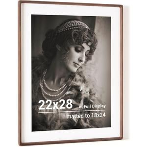 22x28 Poster Frame, USA-Sourced Walnut Wood Picture Frame with HD Tempered Glass, Handcrafted Rounded Corner 22 x 28 Wooden Frames Matted to 18x24 Photos, Horizontal or Vertical Wall Display