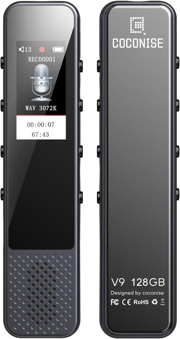 128GB Digital Voice Recorder, COCONISE Audio Recorder with 3072Kbps HD Recording, Voice Activated Recorder for Lecture with MP3 Player, A-B Loop Playback, Password, Accelerate Function