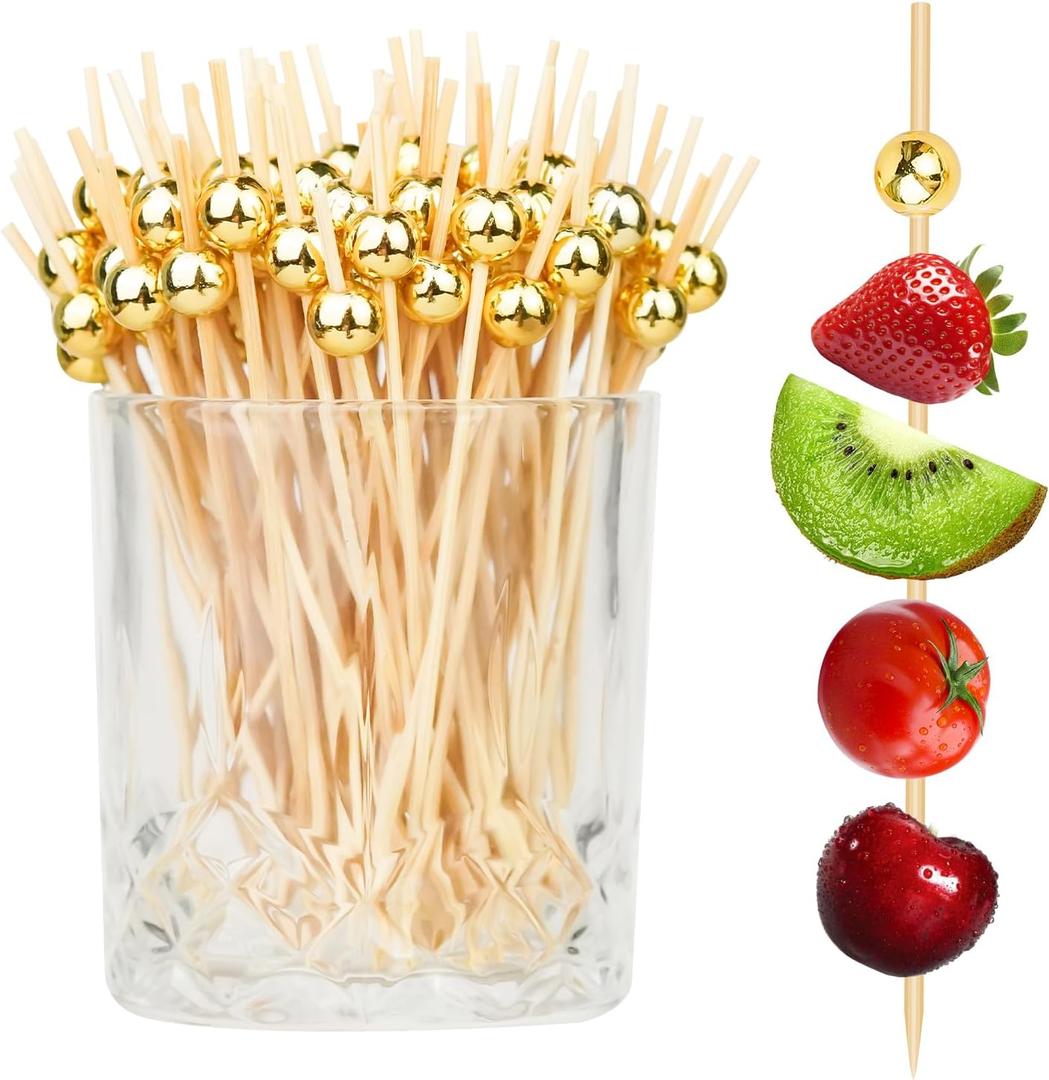 200PCS Cocktail Picks, Fancy Toothpicks for Appetizers, Decorative Skewers for Appetizers Drinks Party Fruit, 4.7 Inch Long Wooden Bamboo Gold Ball Food Sticks Charcuterie Boards Accessories