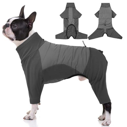 BRKURLEG Full Body Dog Winter Coat Warm Fleece Pullover Pajamas, Four Legs Covered Windproof Dog Jacket for Small to Large Dogs, Turtleneck Dogs Snowsuit, Pet Cold Weather Clothes, Grey L