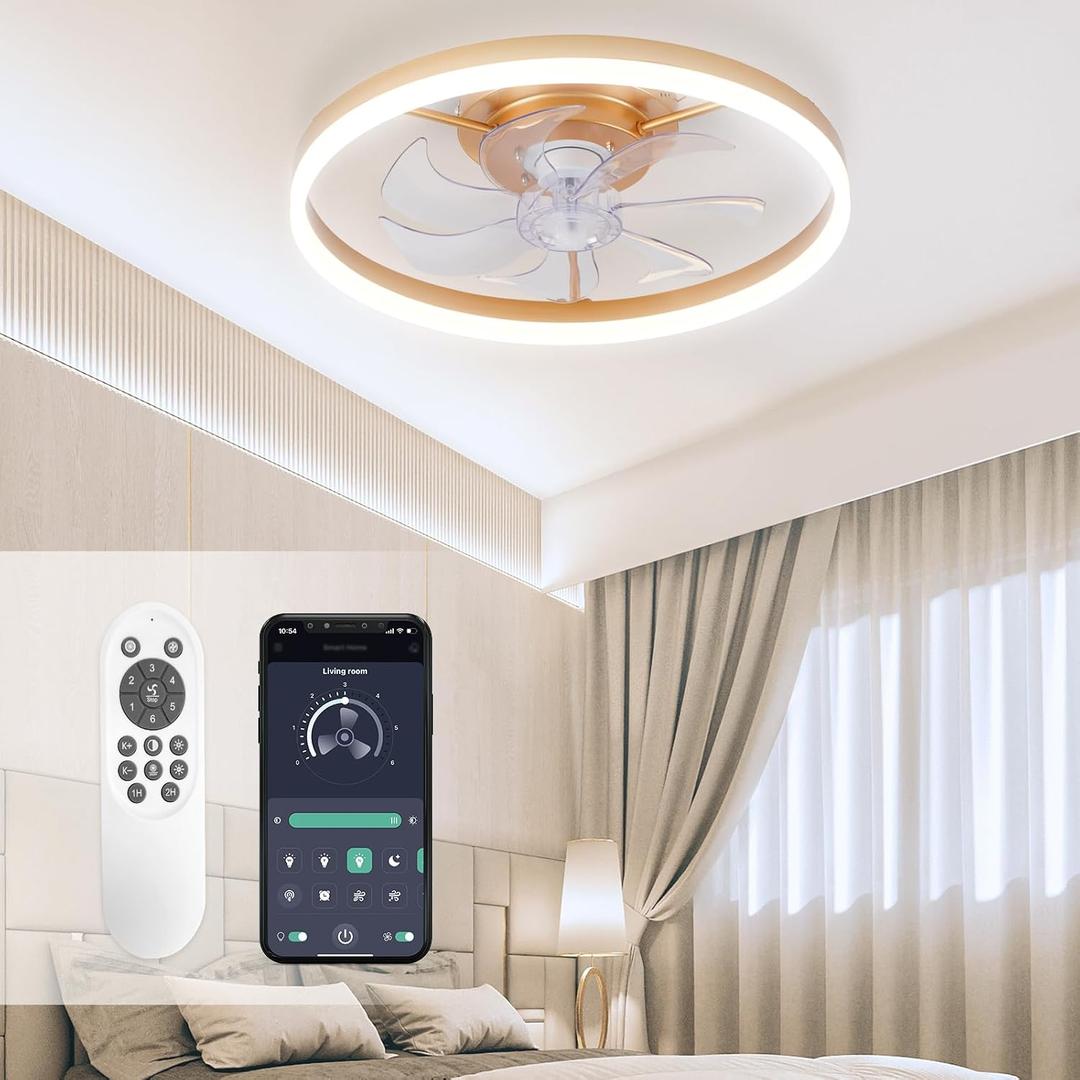 STERREN Modern Gold Ceiling Fans with Lights,20" Dimmable Flush Mount Low Profile Ceiling Fans with Remote Control,Indoor Smart Ceiling Fan with Light for Bedroom, 19.7 inch