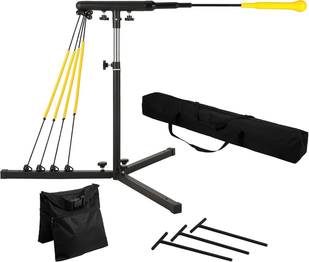 Baseball Softball Swing Trainer with 4 Power Bands, 31-43 In Adjustable Baseball Hitting Trainer with 3 Ground Nails, Sandbag, Carry Bag. Baseball Training Equipment Improve Power,Speed,Coordination