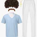No Brand 5Pcs Halloween Wrestler Costume Blue T-shirt Pants Wig Beard Necklace for Men Halloween Cosplay Party Dress Up L