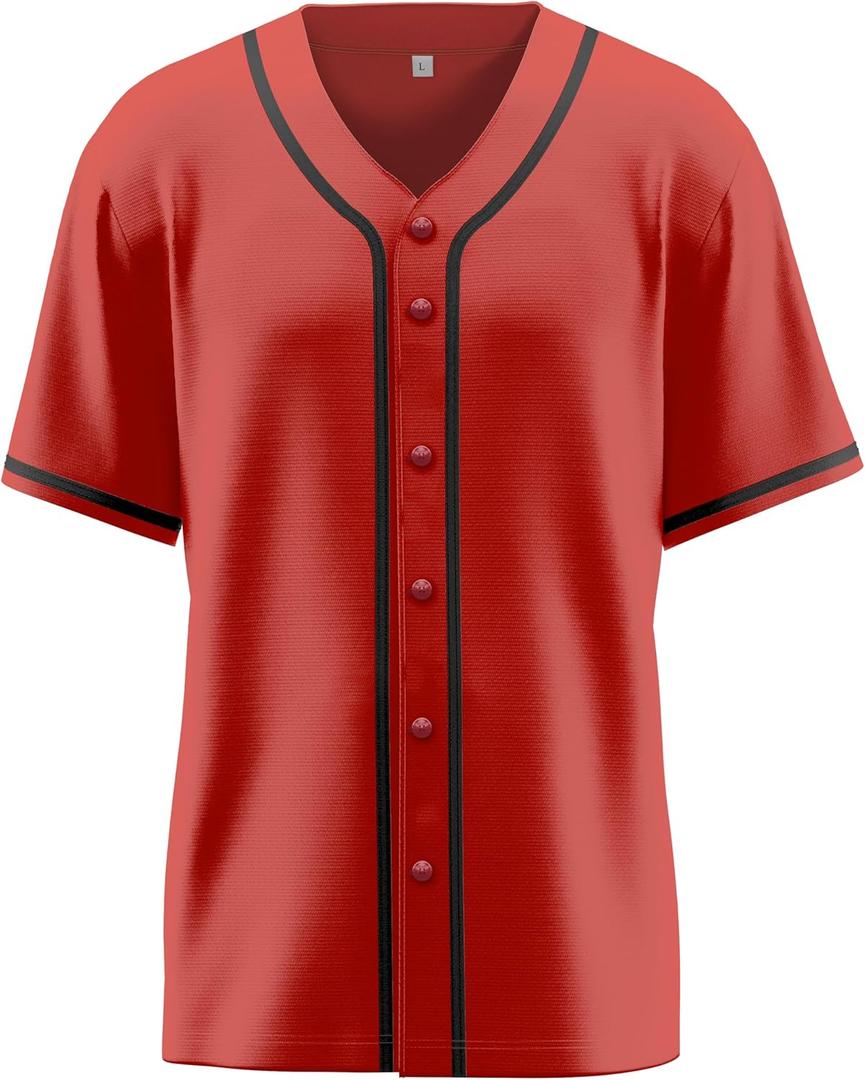 Baseball Jersey for Men,Blank Baseball Jerseys Shirts Short Sleeve Hip Hop Sports Casual Button-Down Uniforms (Red, M)