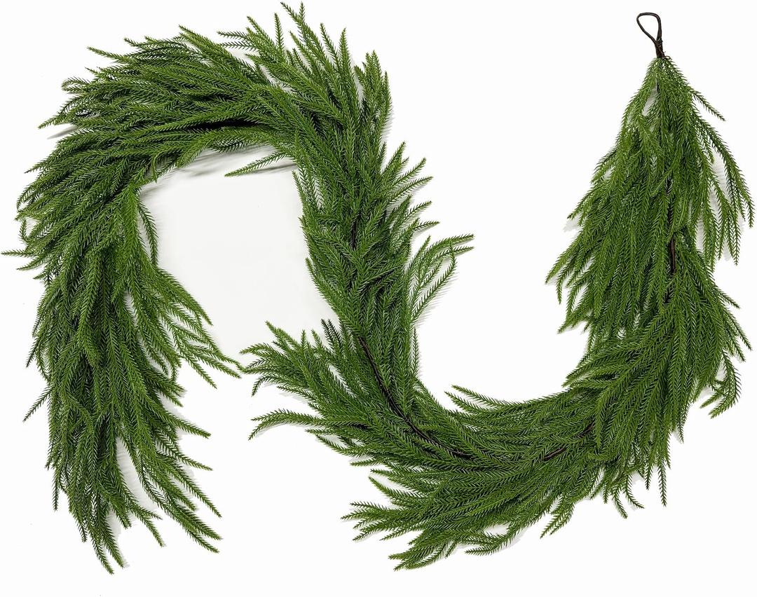 9FT Christmas Garland Norfolk Pine Garland Real Touch Artificial Greenery Garland for Mantle Fireplace Table Indoor Outdoor Holiday Decortions