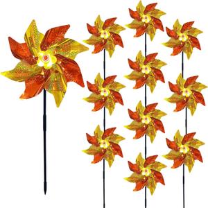 10 Pieces 21 Inches Yellow Orange Reflective Pinwheels with Stakes Windmill Wind Spinners Outdoor for Yard Garden Lawn Farm Bird Repellent, Large Plastic Foil Pin Wheels for Birds Animal Deterrent